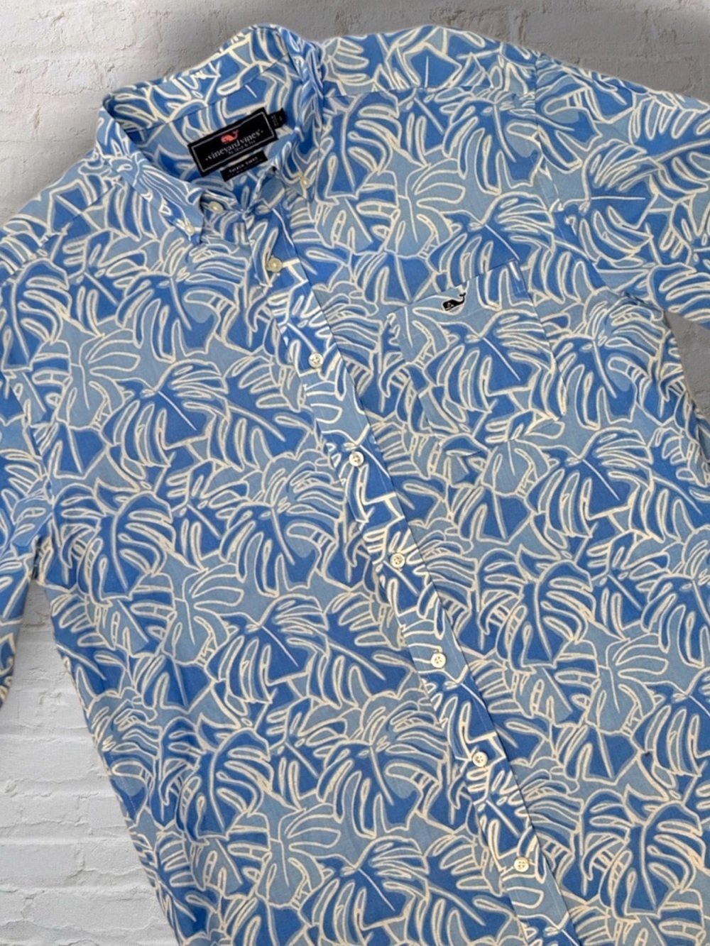 Vineyard Vines Tucker Shirt Large Linen Blend Blue Tropical Leaf Button Down